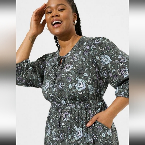 New Torrid 1X(14/16)Tea Length Challis Tie-Front Tiered A-line Dress-Paisley NWT - Picture 3 of 6